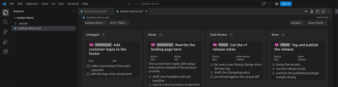 NoteThink rendering a todo.md as a live Kanban board, then updating in place as the markdown changes
